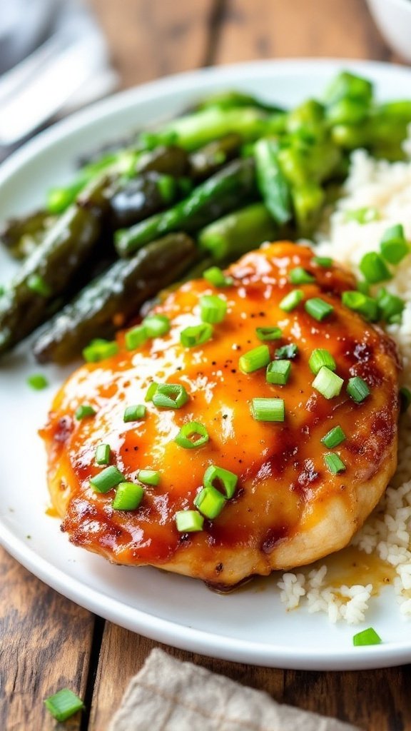 Honey glazed chicken breast on a white plate with green onions, served with vegetables and rice on a rustic table.