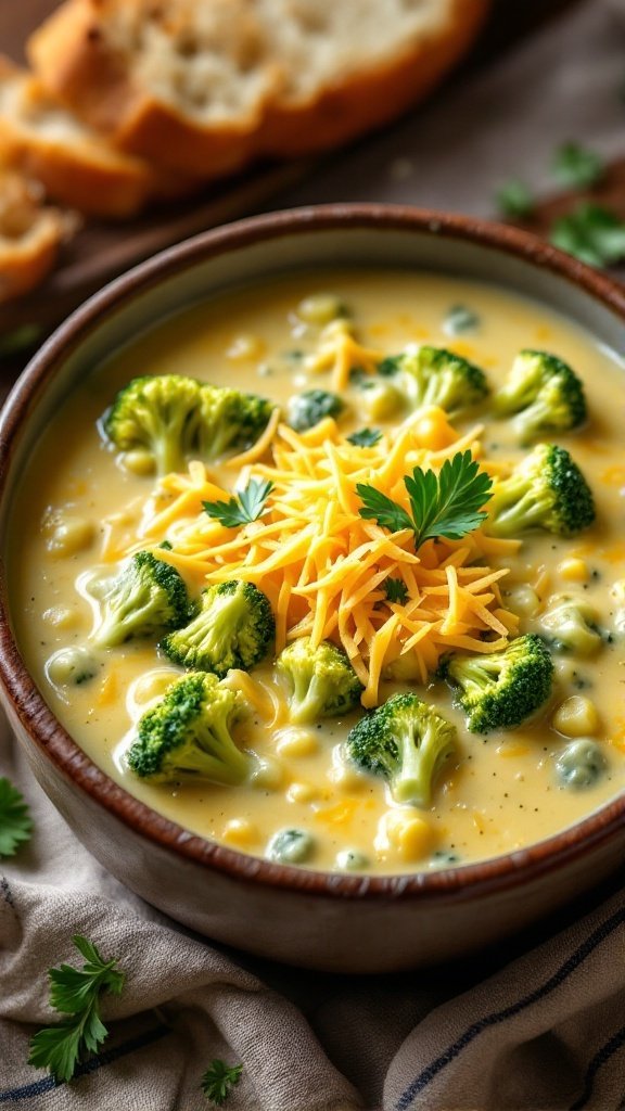 A bowl of creamy broccoli and cheese soup with broccoli florets and melted cheese, served with bread on a rustic table.