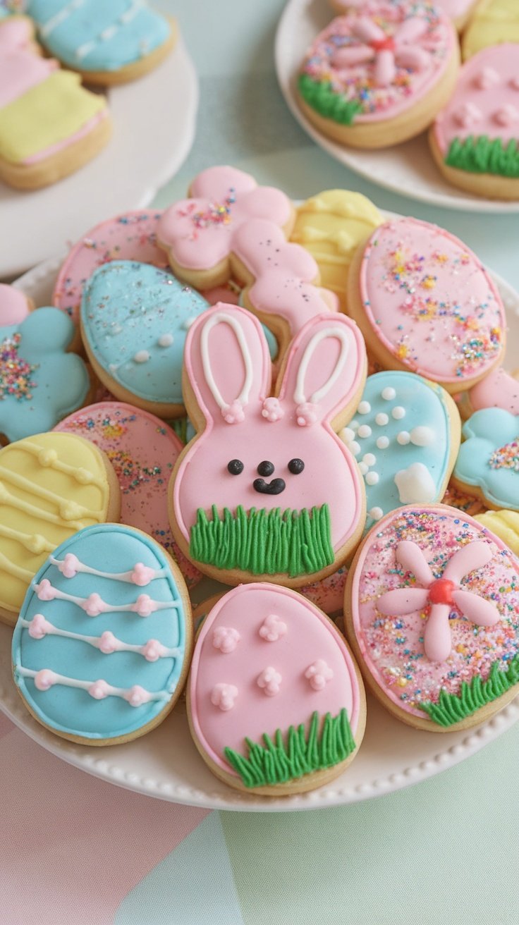 A decorative platter filled with sugar Easter cookies shaped like bunnies and eggs, covered in colorful icing and sprinkles.