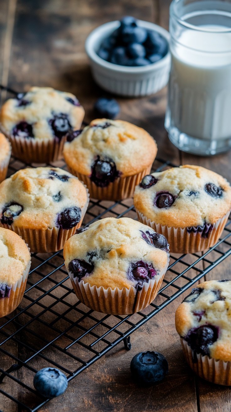 Golden brown high protein blueberry muffins on a wire rack with fresh blueberries on a wooden table.