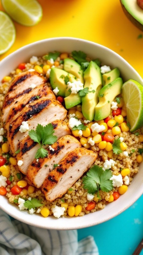 Grilled Chicken and Street Corn Bowl A vibrant grilled chicken and street corn bowl with quinoa, avocado, corn, and feta.