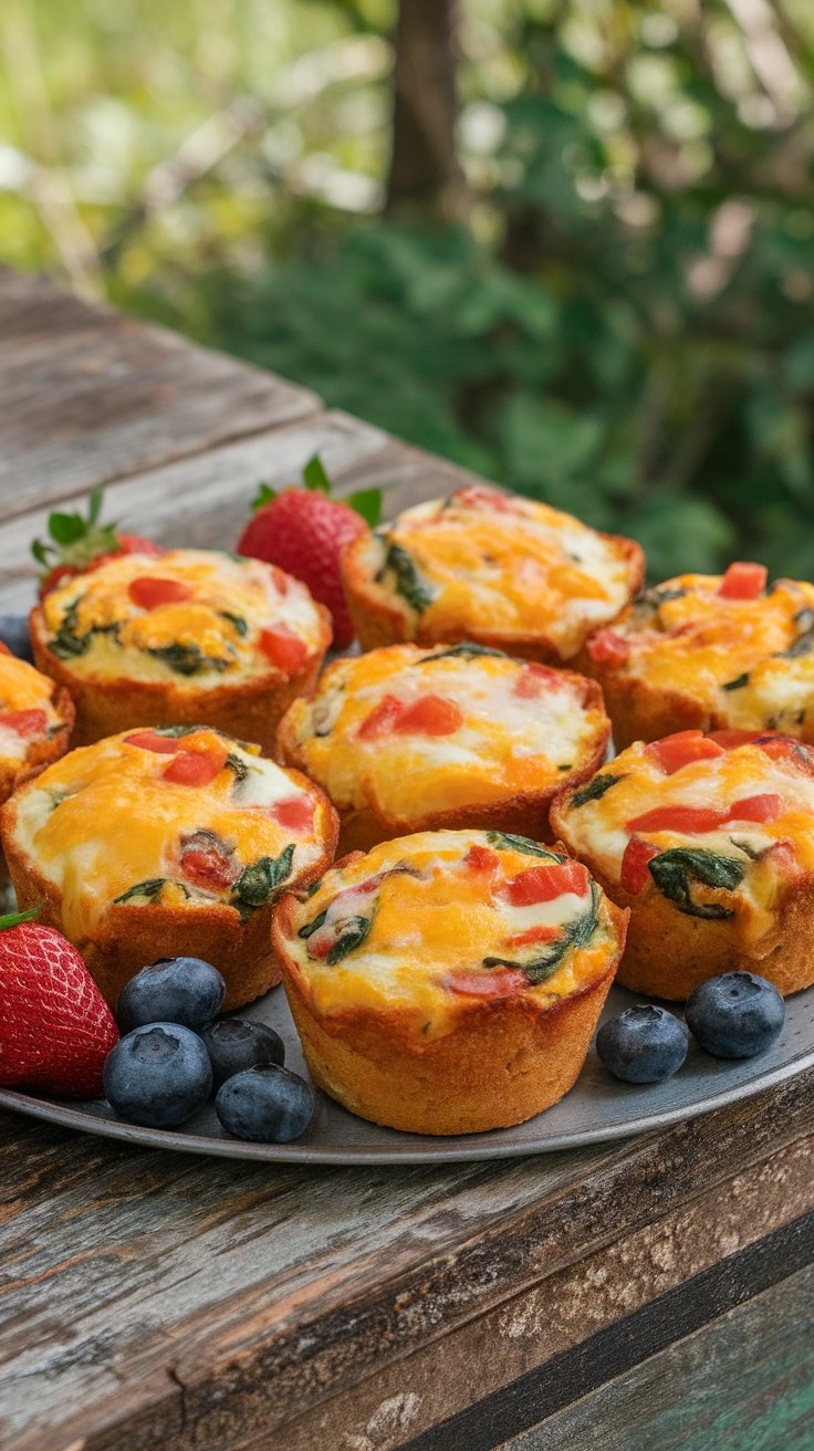 A tray of egg muffins filled with vegetables and cheese, served with fresh fruit on a rustic table.