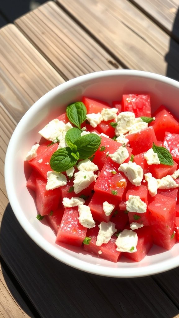 Refreshing Watermelon Feta Salad with Mint A refreshing watermelon feta salad with mint in a white bowl, vibrant colors on a rustic wooden table.