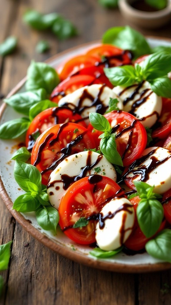 Classic Caprese Salad with Balsamic Glaze Caprese salad with tomatoes, mozzarella, and basil drizzled with balsamic glaze on wooden table.